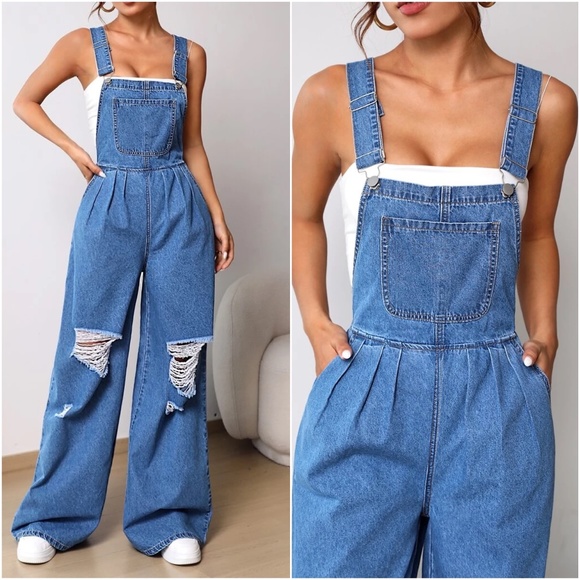 Denim - Medium Wash Pleated Distressed Denim Pocket Overalls